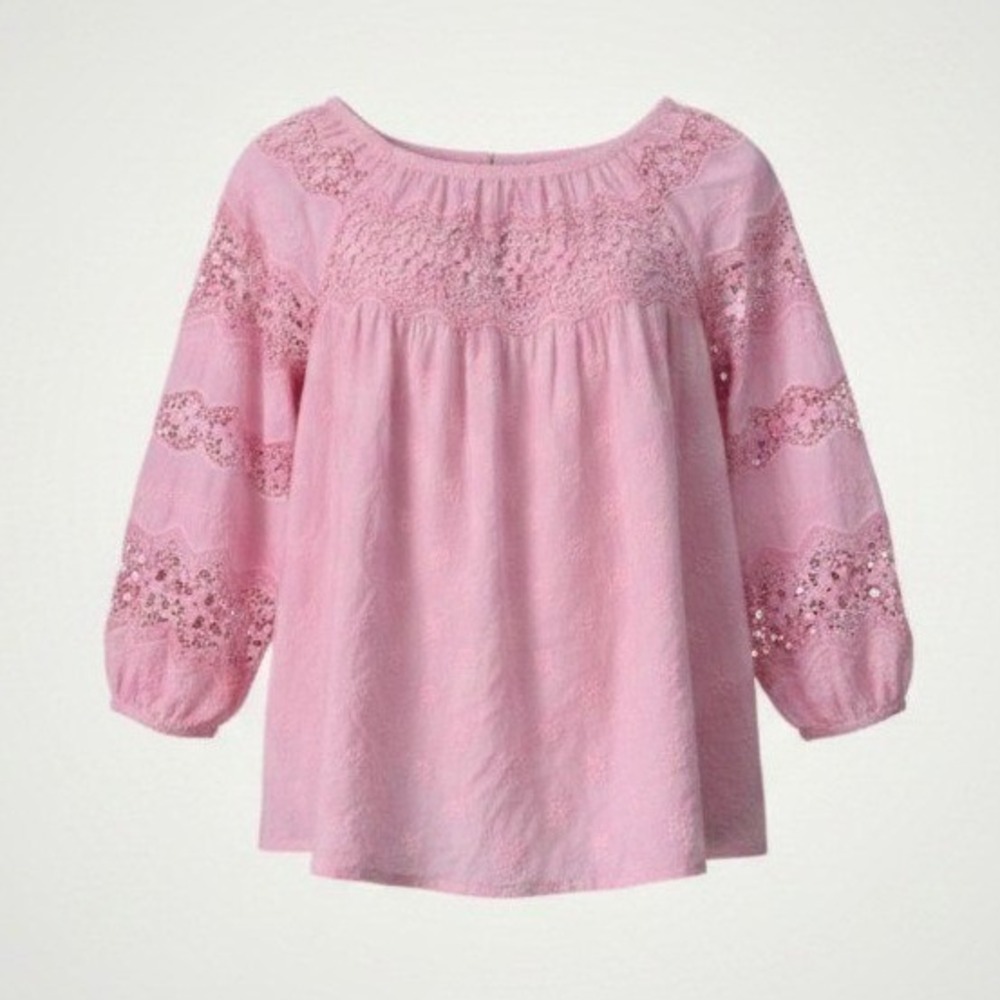 Reba Eyelet Lace Peasant Blouse Women Small Pink Boho Top Feminine Romantic Chic